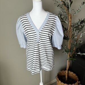 LOFT Striped V-Neck Puff Sleeve Top